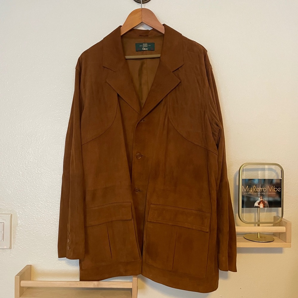 Orvis Mens XL‎ Brown Genuine Leather Suede Safari Field Jacket Vintage 3-Button